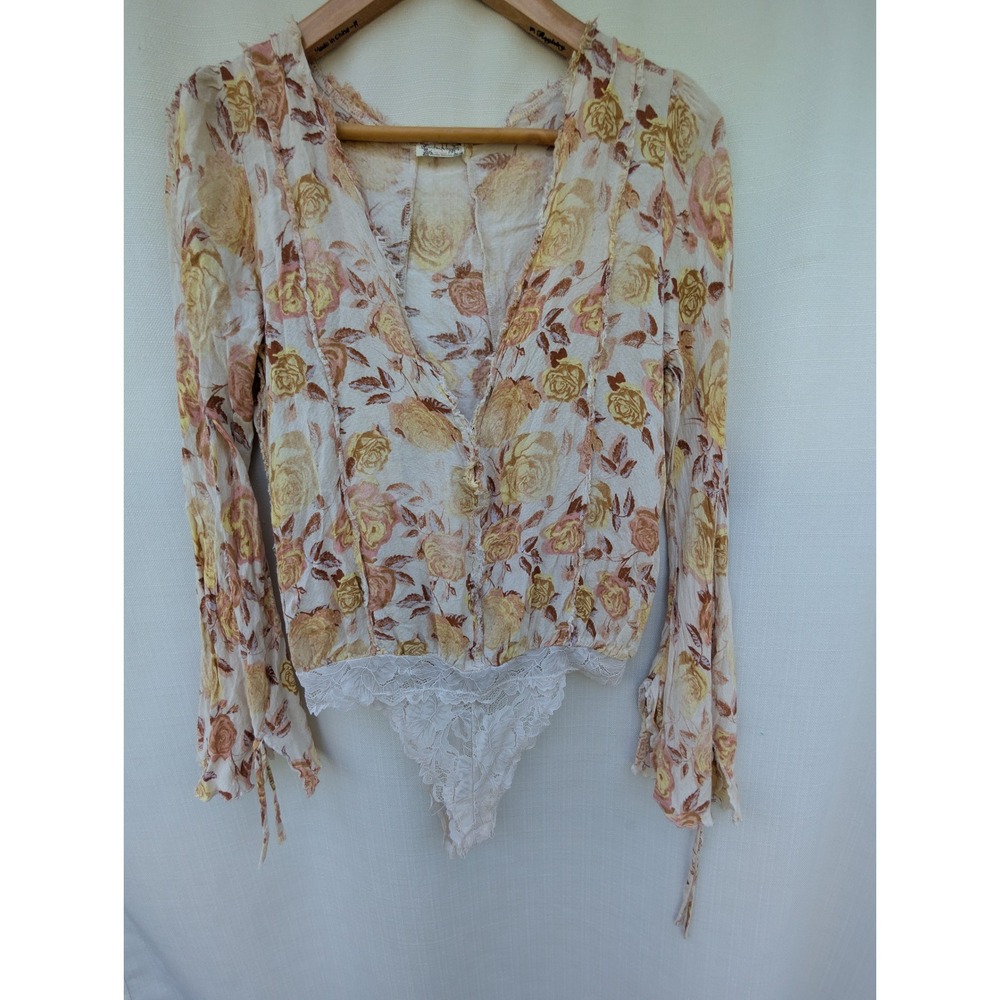 Intimately Free People Plunge Bodysuit Womens SP Yellow Floral Fairycore - Picture 6 of 9